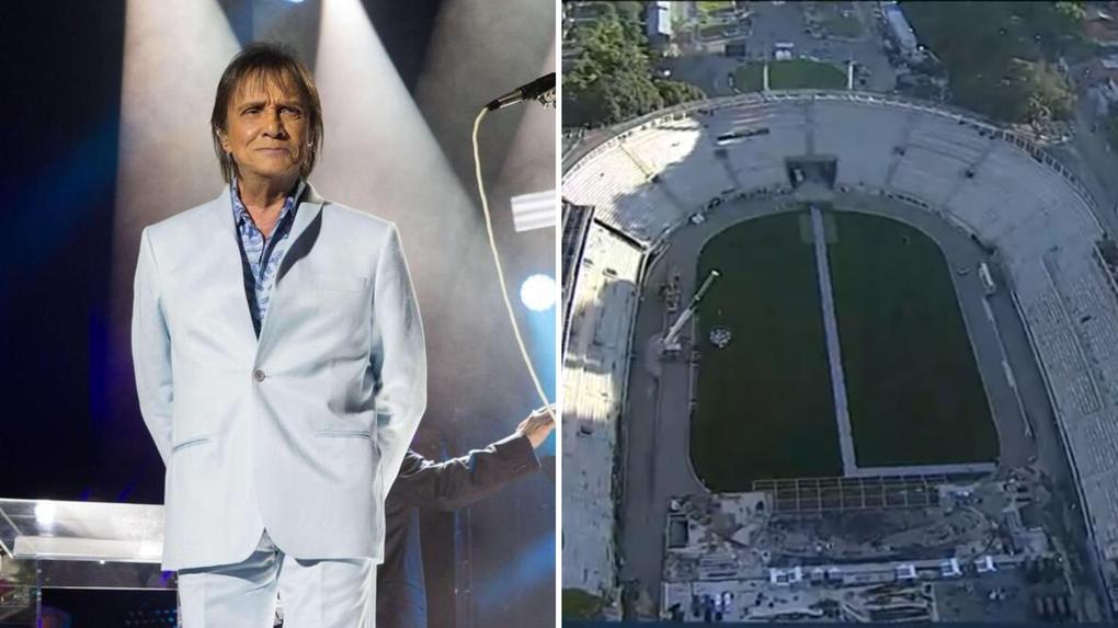 Montagem com foto do Roberto Carlos e imagem aérea do estádio Pacaembu, em São Paulo