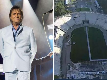 Montagem com foto do Roberto Carlos e imagem aérea do estádio Pacaembu, em São Paulo